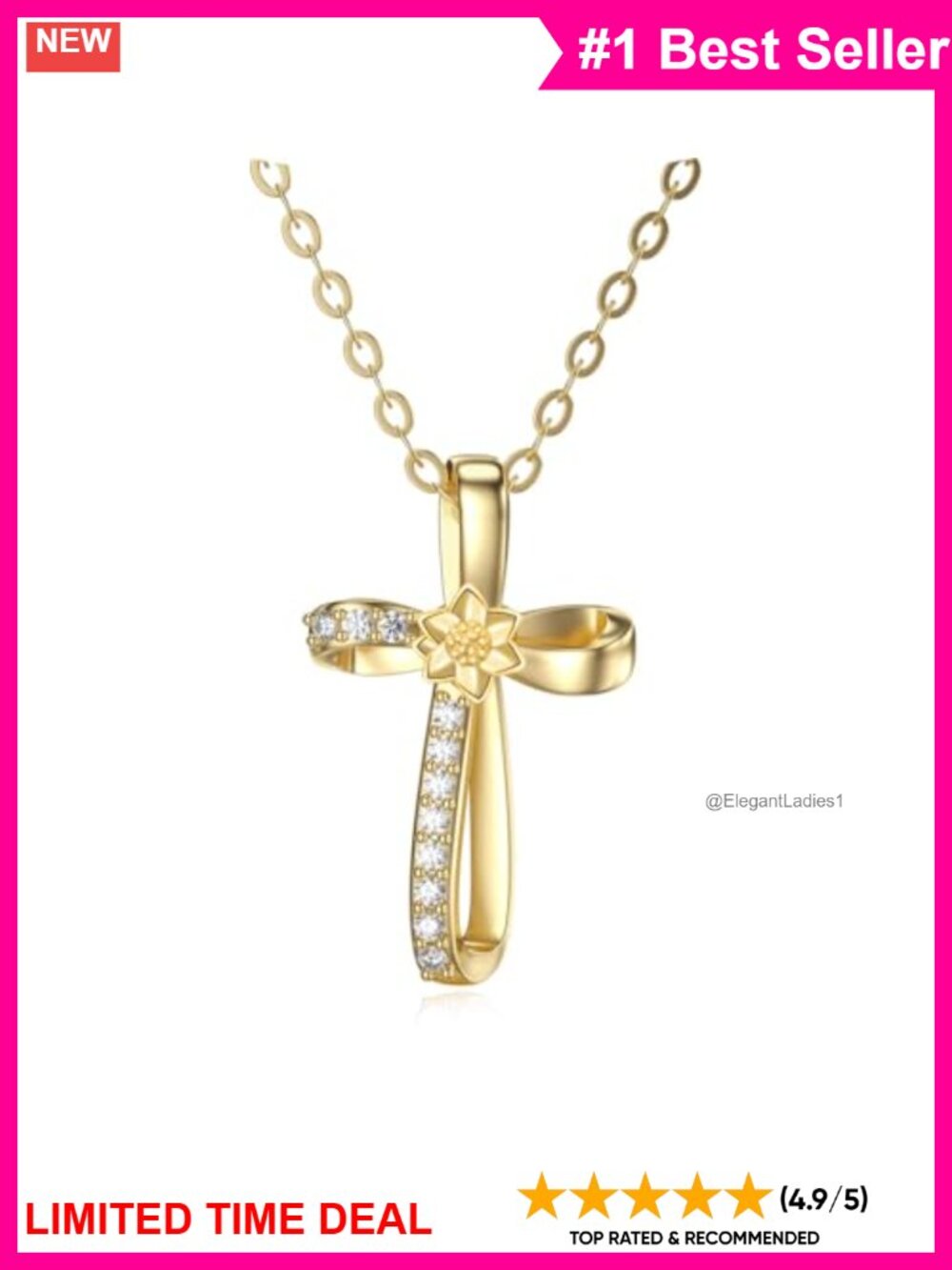 14k Real Gold Cross Necklace 16+2 Inch Cubic Zirconia Pendant Elegant Gift